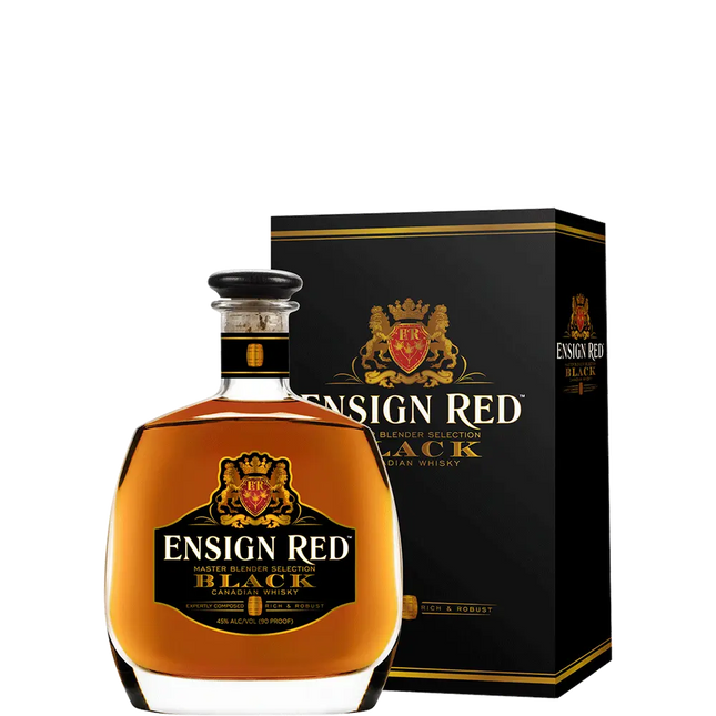 Ensign Red Black whiskey bottle and packaging on a white background