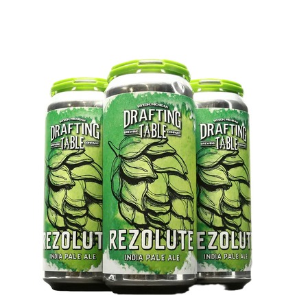 Four cans of Rezolute India Pale Ale from Drafting Table Brewing Company on a white background
