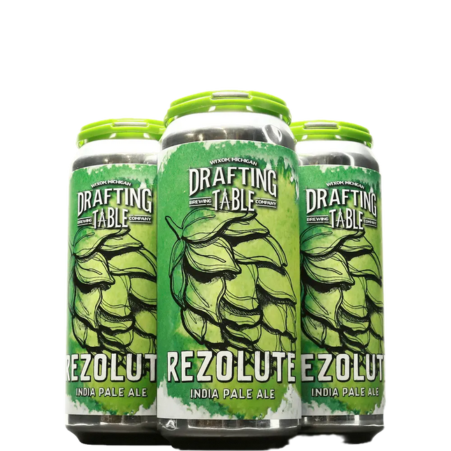 Four cans of Rezolute India Pale Ale from Drafting Table Brewing Company on a white background