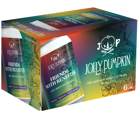 Packaging of Jolly Pumpkin beer cans with colorful design and branding.