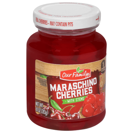 OUR FAMILY MARASCHINO CHERRIES WITH STEMS 10 OZ - Wine barrel Plus