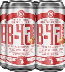 Four cans of B46 beer with red and white labels on a gray background