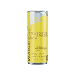 Red Bull Summer Edition energy drink can on a white background