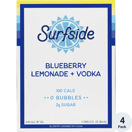 Surfside Blueberry Lemonade + Vodka packaging with branding and nutritional information.