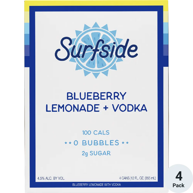 Surfside Blueberry Lemonade + Vodka packaging with branding and nutritional information.