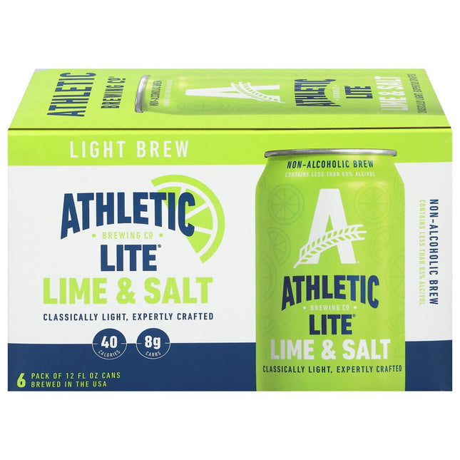 Packaging of Athletic Brewing Co. Lite Lime & Salt non-alcoholic brew with green and white design.