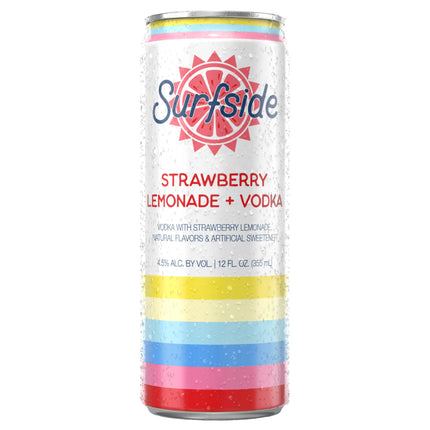 Surfside Strawberry Lemonade + Vodka can with colorful design on a white background
