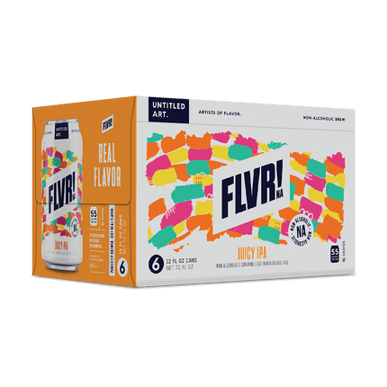 Box of FLVR! Juicy IPA beer with colorful design and can on a white background
