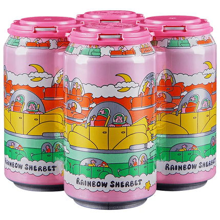 Four cans of Rainbow Sherbet with colorful designs on a white background