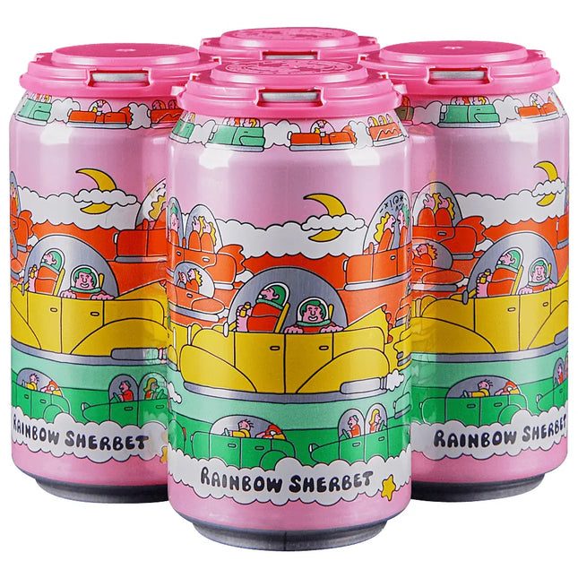 Four cans of Rainbow Sherbet with colorful designs on a white background