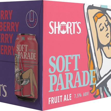 Shorts Soft Parade fruit ale packaging with a woman driving a car illustration.