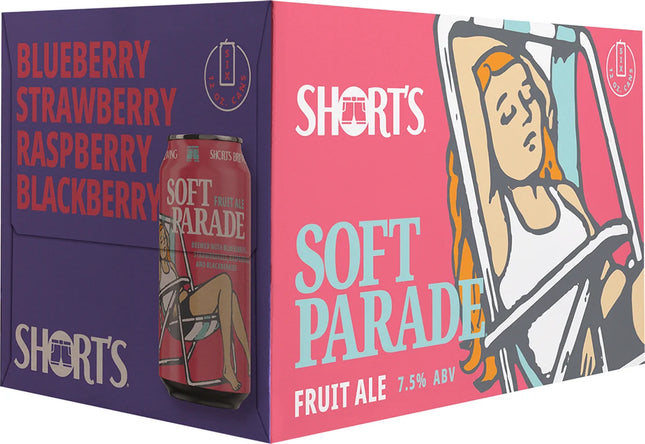 Shorts Soft Parade fruit ale packaging with a woman driving a car illustration.