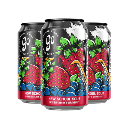 Three cans of 'New School Sour' with blueberry and strawberry flavor on a white background