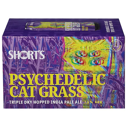 Box of Shorts Psychedelic Cat Grass beer with a colorful cat illustration on a purple background
