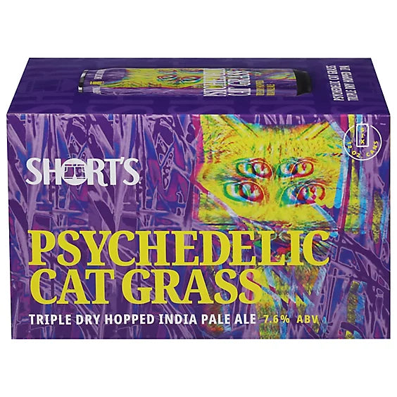 Box of Shorts Psychedelic Cat Grass beer with a colorful cat illustration on a purple background