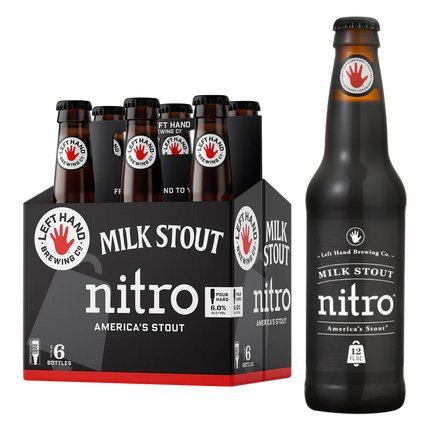 Left Hand Brewing Co. Milk Stout Nitro bottles and six-pack on a white background