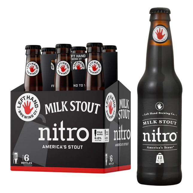 Left Hand Brewing Co. Milk Stout Nitro bottles and six-pack on a white background