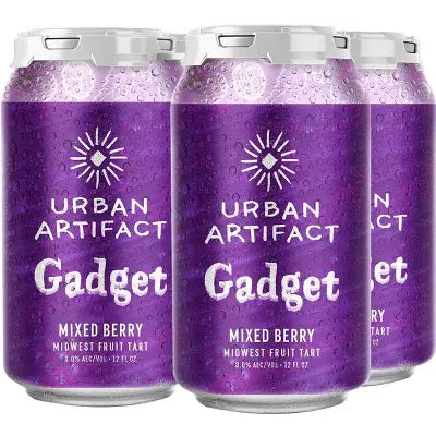 Three cans of Urban Artifact Gadget Mixed Berry beer on a white background