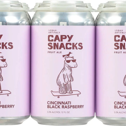 Three cans of Capy Snacks Cincinnati Black Raspberry fruit ale with a bear illustration on a pink background.