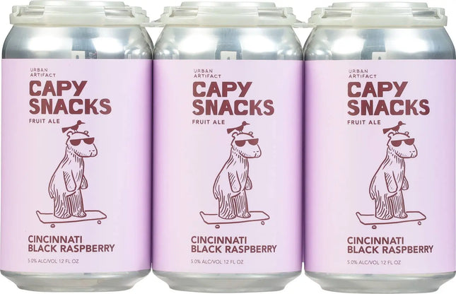 Three cans of Capy Snacks Cincinnati Black Raspberry fruit ale with a bear illustration on a pink background.