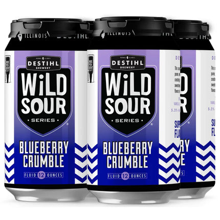 Three cans of Destihl Brewery Wild Sour Blueberry Crumble beer on a white background