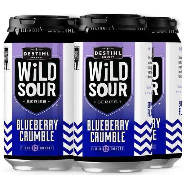 Three cans of Destihl Brewery Wild Sour Blueberry Crumble beer on a white background