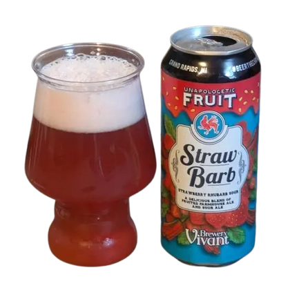 Can of 'Straw Barb' beer next to a glass filled with a red beverage on a white background