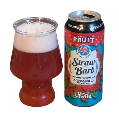 Can of 'Straw Barb' beer next to a glass filled with a red beverage on a white background