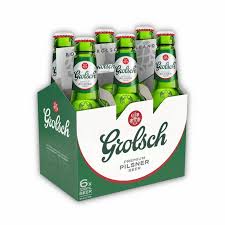 Pack of Grolsch Premium Pilsner beer bottles in green and white packaging.