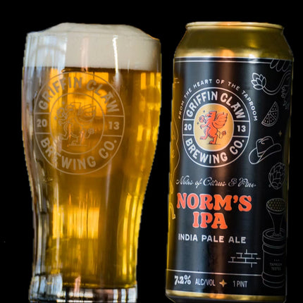 Griffin Claw Brewing Co. Norm's IPA can and glass with beer on a black background