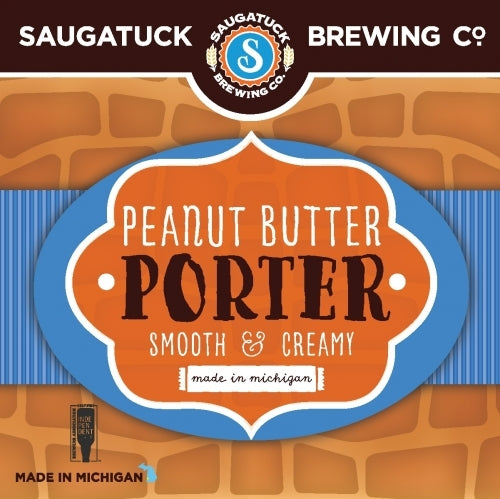 Saugatuck Brewing Co. Peanut Butter Porter label with brick background