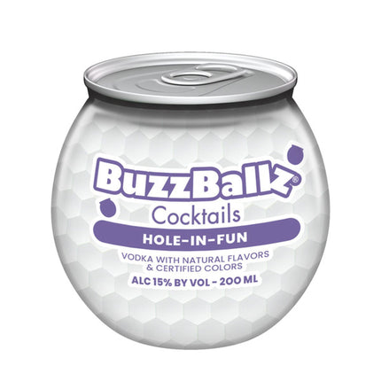 BuzzBallz cocktails container with white and purple design on a white background