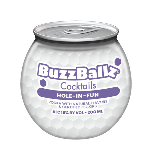 BuzzBallz cocktails container with white and purple design on a white background