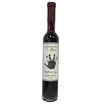 Bottle of 'Amelia' mead with a handprint design on the label against a white background