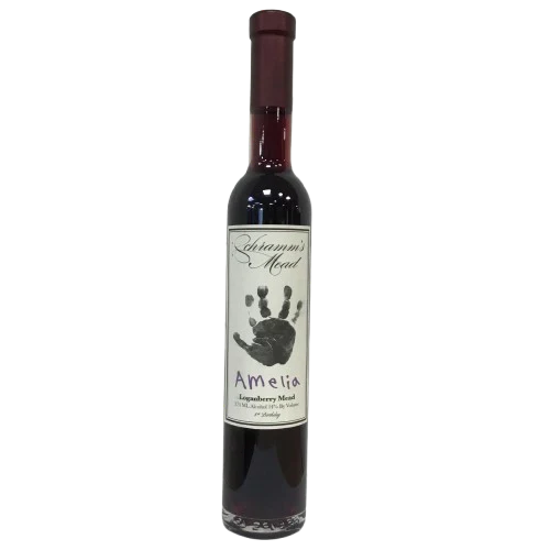 Bottle of 'Amelia' mead with a handprint design on the label against a white background