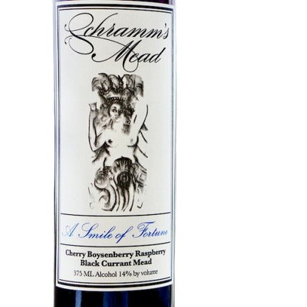 Schramm's Mead bottle with decorative label on a white background