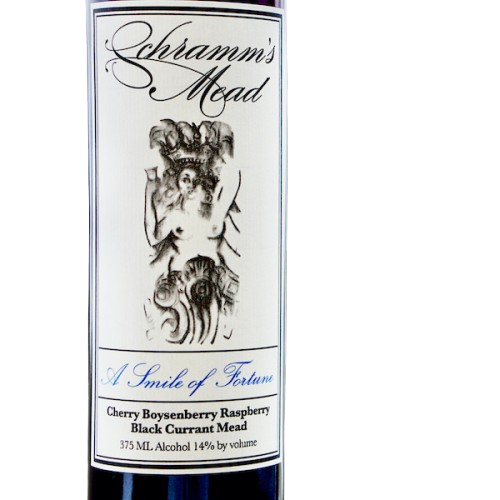 Schramm's Mead bottle with decorative label on a white background
