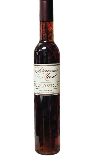 Bottle of Schramm's Mead with a white label on a white background