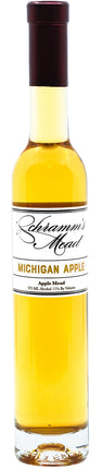 Bottle of Schramm's Mead Michigan Apple Mead with a white label.