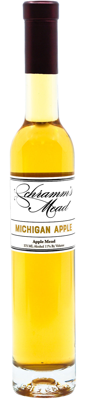 Bottle of Schramm's Mead Michigan Apple Mead with a white label.