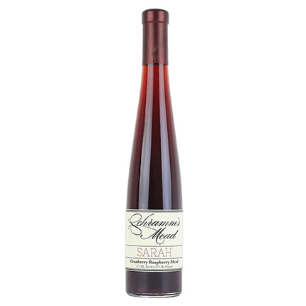 Bottle of Schramm's Mead with 'Sarah' label on a white background