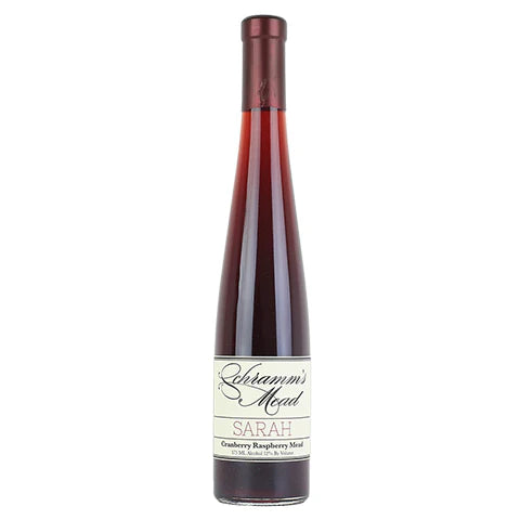 Bottle of Schramm's Mead with 'Sarah' label on a white background
