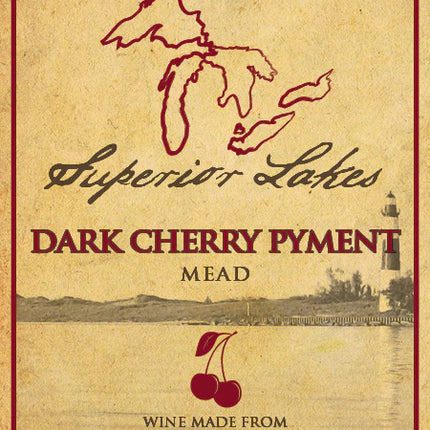 Label for Superior Lakes Dark Cherry Pyment Mead with cherry illustration and text.