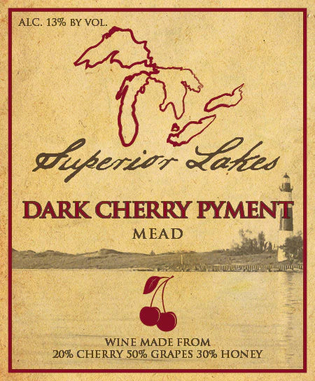 Label for Superior Lakes Dark Cherry Pyment Mead with cherry illustration and text.