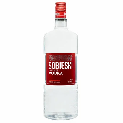Sobieski Vodka bottle with a red label on a white background