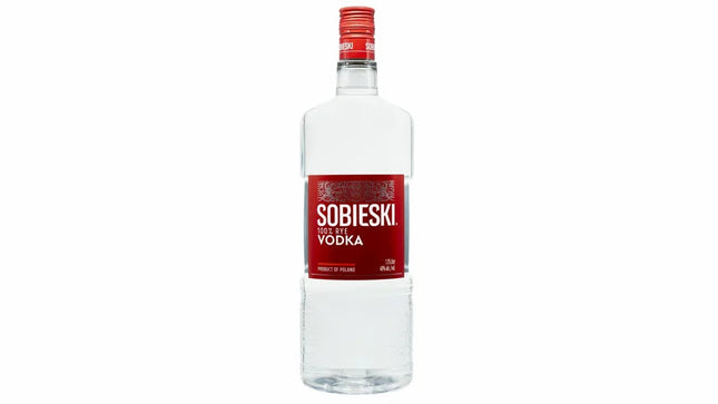 Sobieski Vodka bottle with a red label on a white background