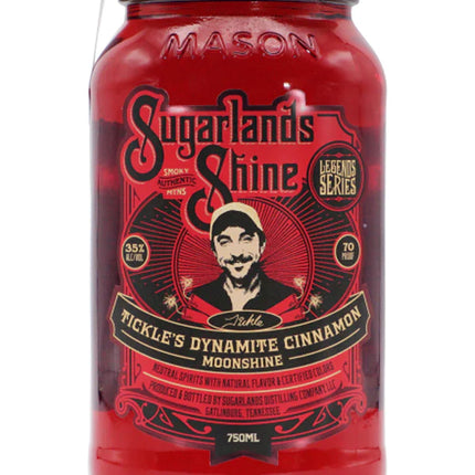 Red moonshine bottle with a label featuring a man's face and text on a white background