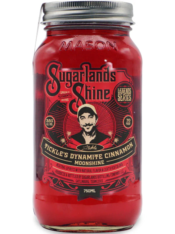 Red moonshine bottle with a label featuring a man's face and text on a white background