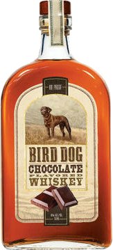 Bottle of Bird Dog Chocolate Whiskey with a dog and chocolate bar illustration on the label.