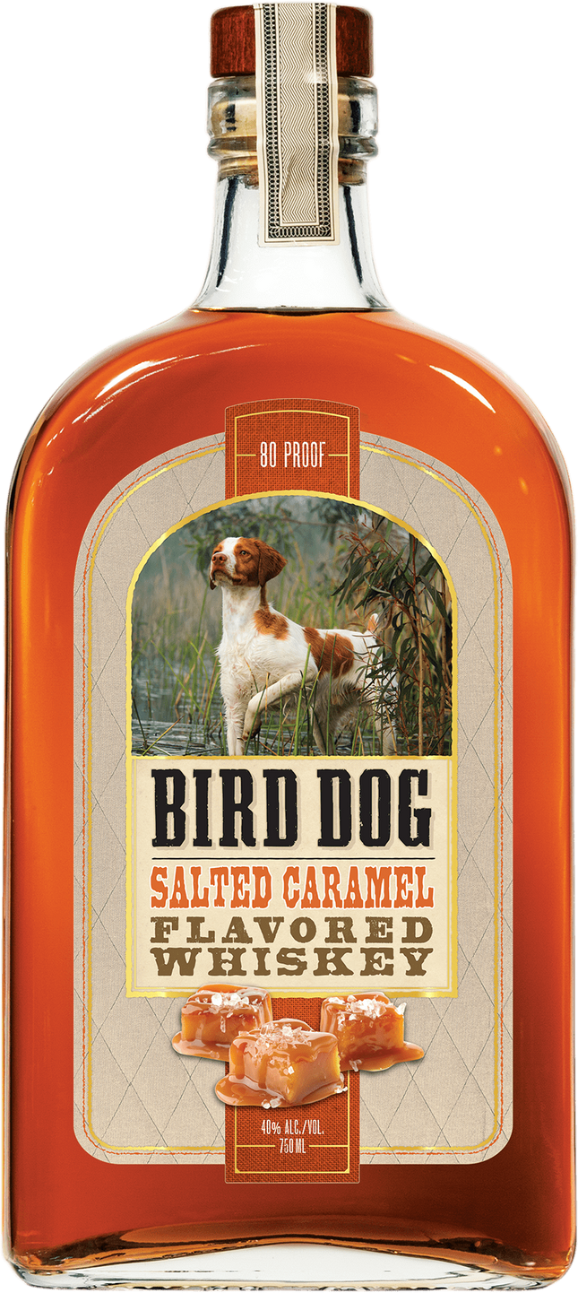 Bottle of Bird Dog Salted Caramel Flavored Whiskey with a dog illustration on the label.